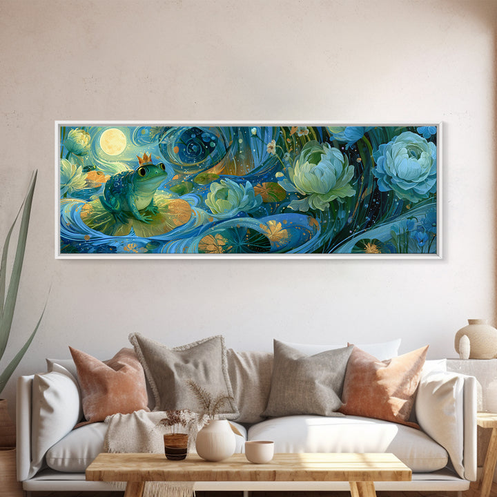 Frog Prince on a Lily Pad Canvas Print, Fairy Tale Art, Whimsical Decor, Living Room Decor, Storybook, Kids Room Decor, FTA-3x1-75