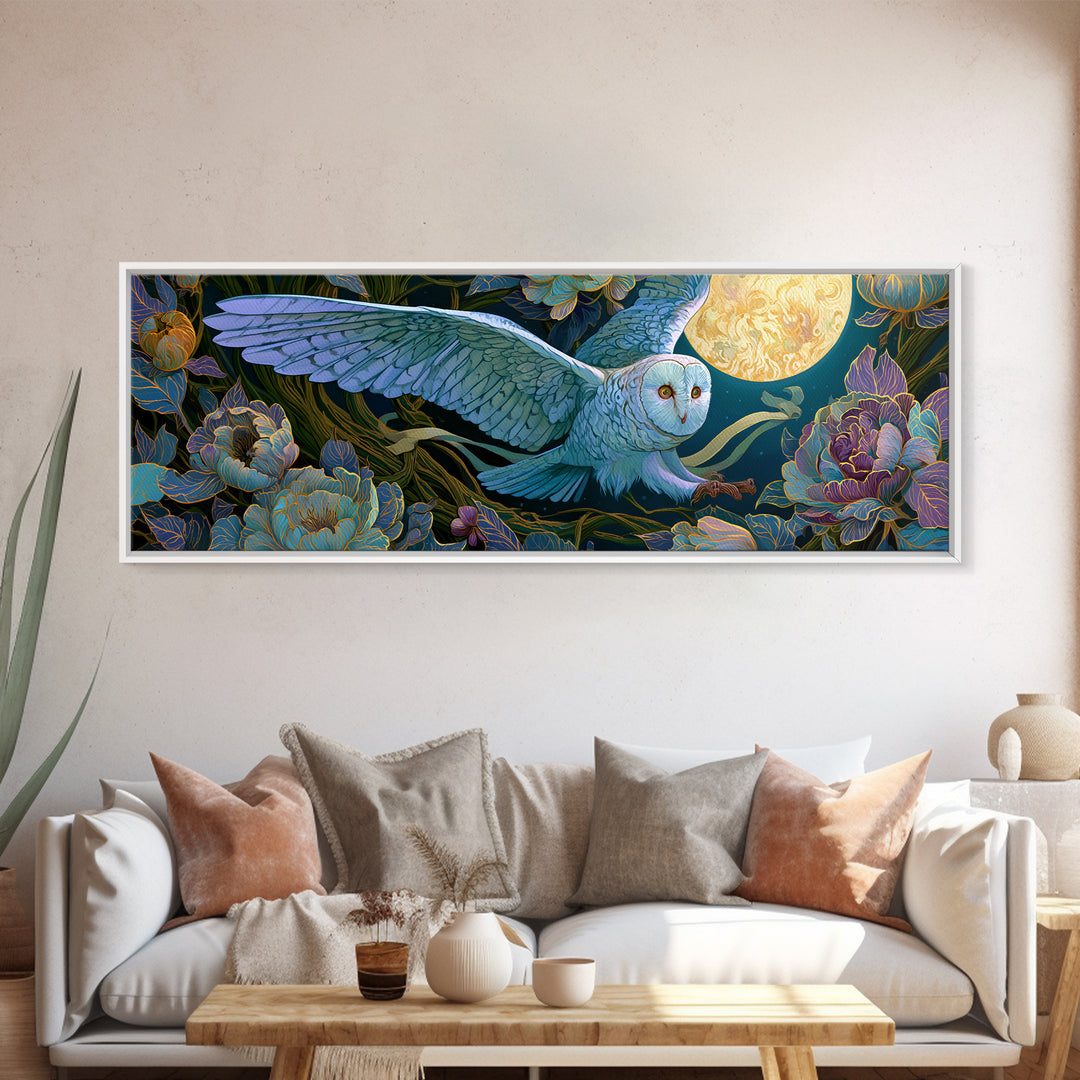 Owl Messenger Carrying a Tiny Ribbon Framed Canvas Print, Fairy Tale Art, Fairy Art, Living Room Decor, Fine Art, Storybook, FTA-3x1-81