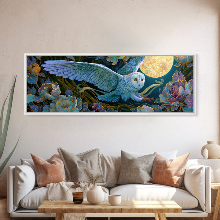 Owl Messenger Carrying a Tiny Ribbon Framed Canvas Print, Fairy Tale Art, Fairy Art, Living Room Decor, Fine Art, Storybook, FTA-3x1-81