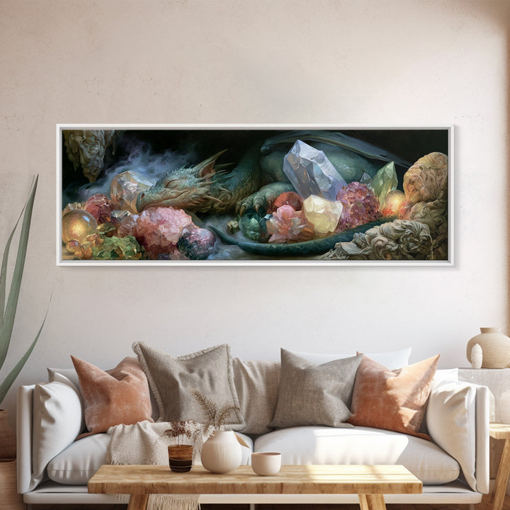 Sleeping Dragon in a Cave of Crystals Canvas Print, Fairy Tale Art, Wall Art, Living Room Decor, Oil Painting, Storybook, FTA-3x1-88