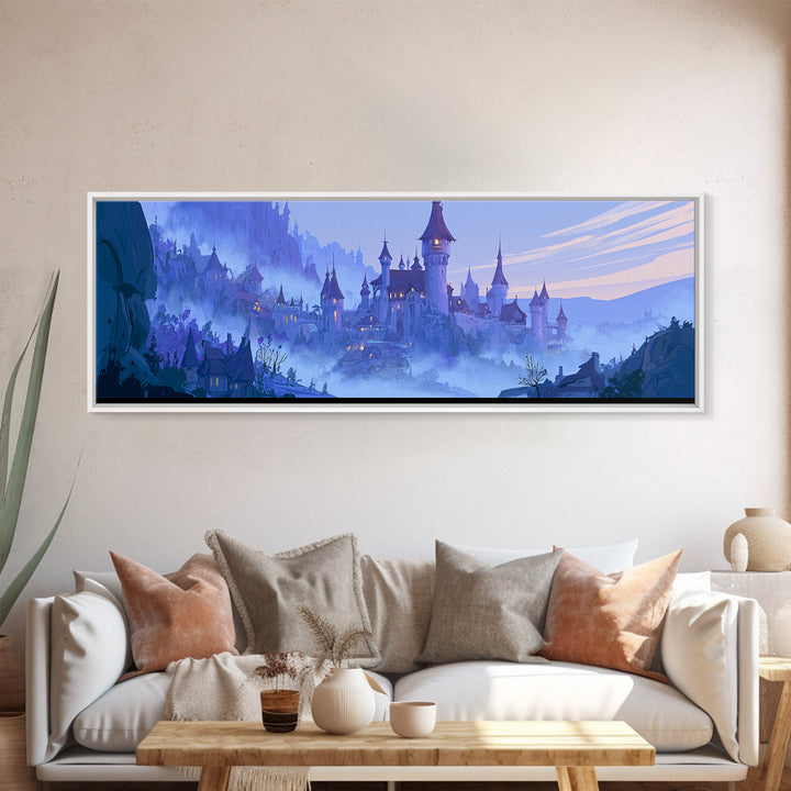 Storybook Castle on a Misty Hill Framed Canvas Print, Fairy Tale Art, Whimsical Wall Art, Living Room Decor, Storybook, FTA-3x1-90