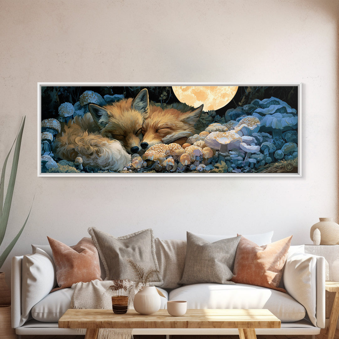 Sleeping Fox Beside a Magical Mushroom Ring Canvas Print, Fairy Tale Art, Printable Wall Art, Living Room Decor, Storybook, FTA-3x1-91