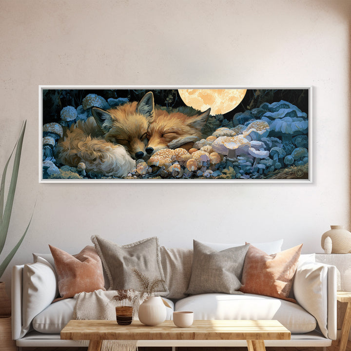 Sleeping Fox Beside a Magical Mushroom Ring Canvas Print, Fairy Tale Art, Printable Wall Art, Living Room Decor, Storybook, FTA-3x1-91