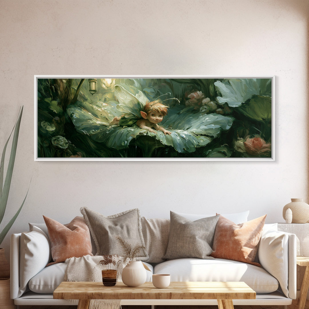 Tiny Fairy Resting on a Dew Covered Canvas Print, Fairy Tale Art, Art Deco, Living Room Decor, Storybook, Whimsical Art, FTA-3x1-95