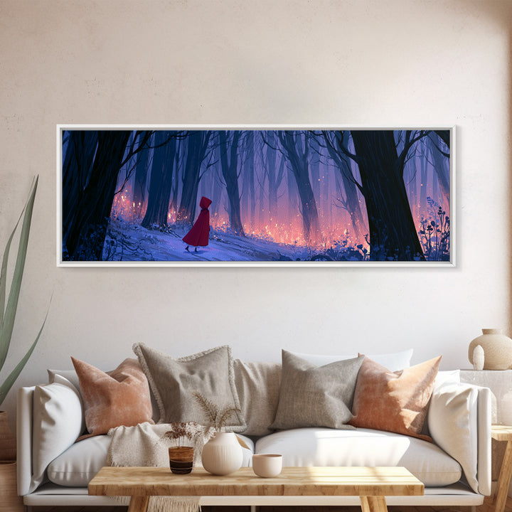 Red Cloak Figure Walking Through Dark Woods Canvas Print, Fairy Tale Art, Textured Painting, Living Room Decor, Storybook, FTA-3x1-96