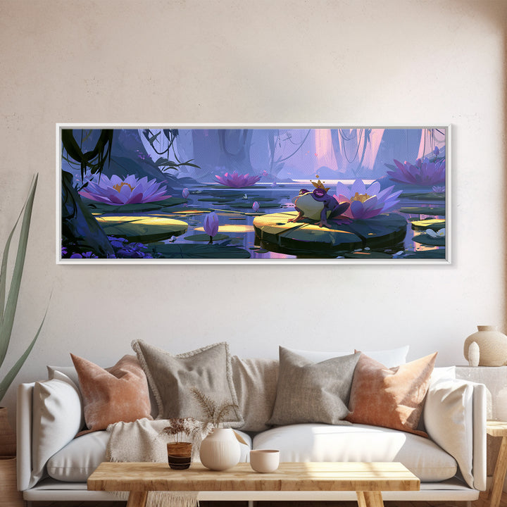 Frog Prince on a Lily Pad Framed Canvas Print, Fairy Tale Art, Original Art, Living Room Decor, Fine Art, Storybook, Folk Art, FTA-3x1-99