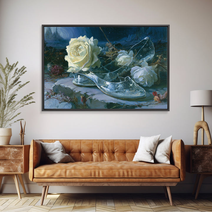 Glass Slipper Still Life Framed Canvas Print, Fairy Tale Art, Nursery Art, Living Room Decor, Storybook, Art Nouveau Print, FTA-3x2-10
