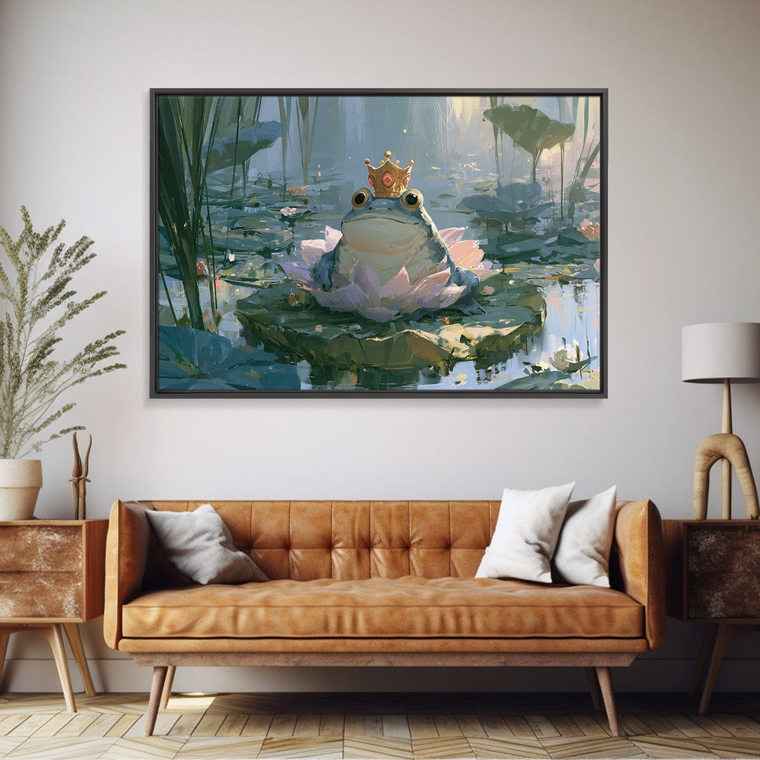 Frog Prince on a Lily Pad Framed Canvas Print, Fairy Tale Art, Whimsical Art, Living Room Decor, Fine Art, Storybook, FTA-3x2-15