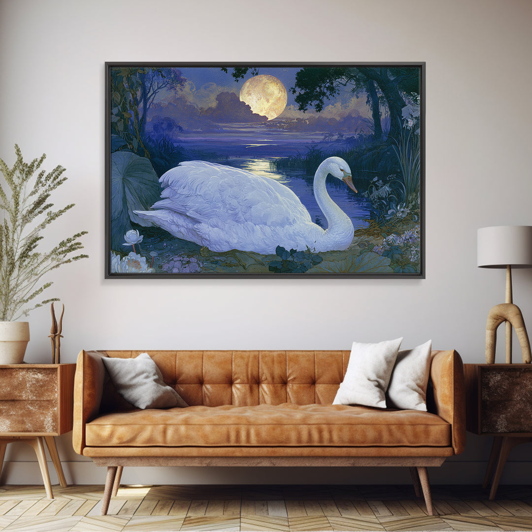 White Swan Transformation Scene Framed Canvas Print, Fairy Tale Art, Statement Artwork, Living Room Decor, Fine Art, Storybook, FTA-3x2-19