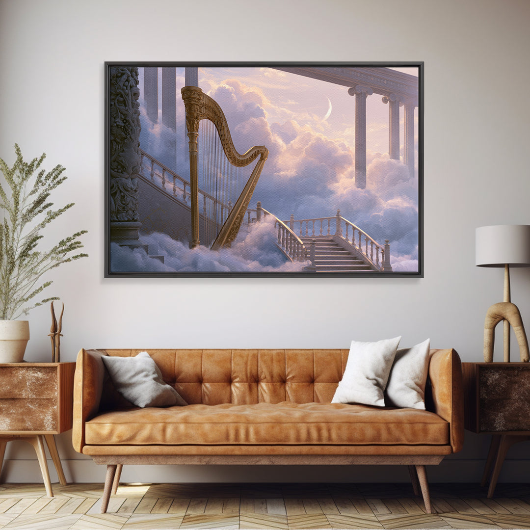 Golden Harp in a Cloud Kingdom Framed Canvas Print, Fairy Tale Art, Art Nouveau, Living Room Decor, Fine Art, Storybook, FTA-3x2-2