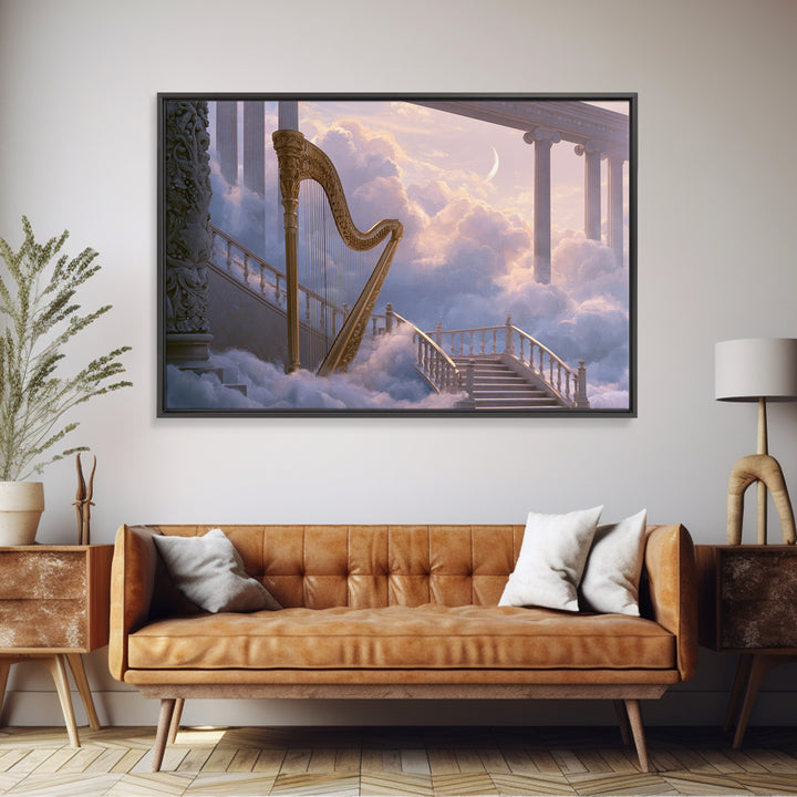 Golden Harp in a Cloud Kingdom Framed Canvas Print, Fairy Tale Art, Art Nouveau, Living Room Decor, Fine Art, Storybook, FTA-3x2-2