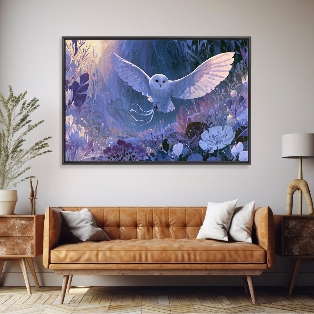Owl Messenger Carrying a Tiny Ribbon Canvas Print, Fairy Tale Art, Whimsical Wall Art, Living Room Decor, Fine Art, Storybook, FTA-3x2-21