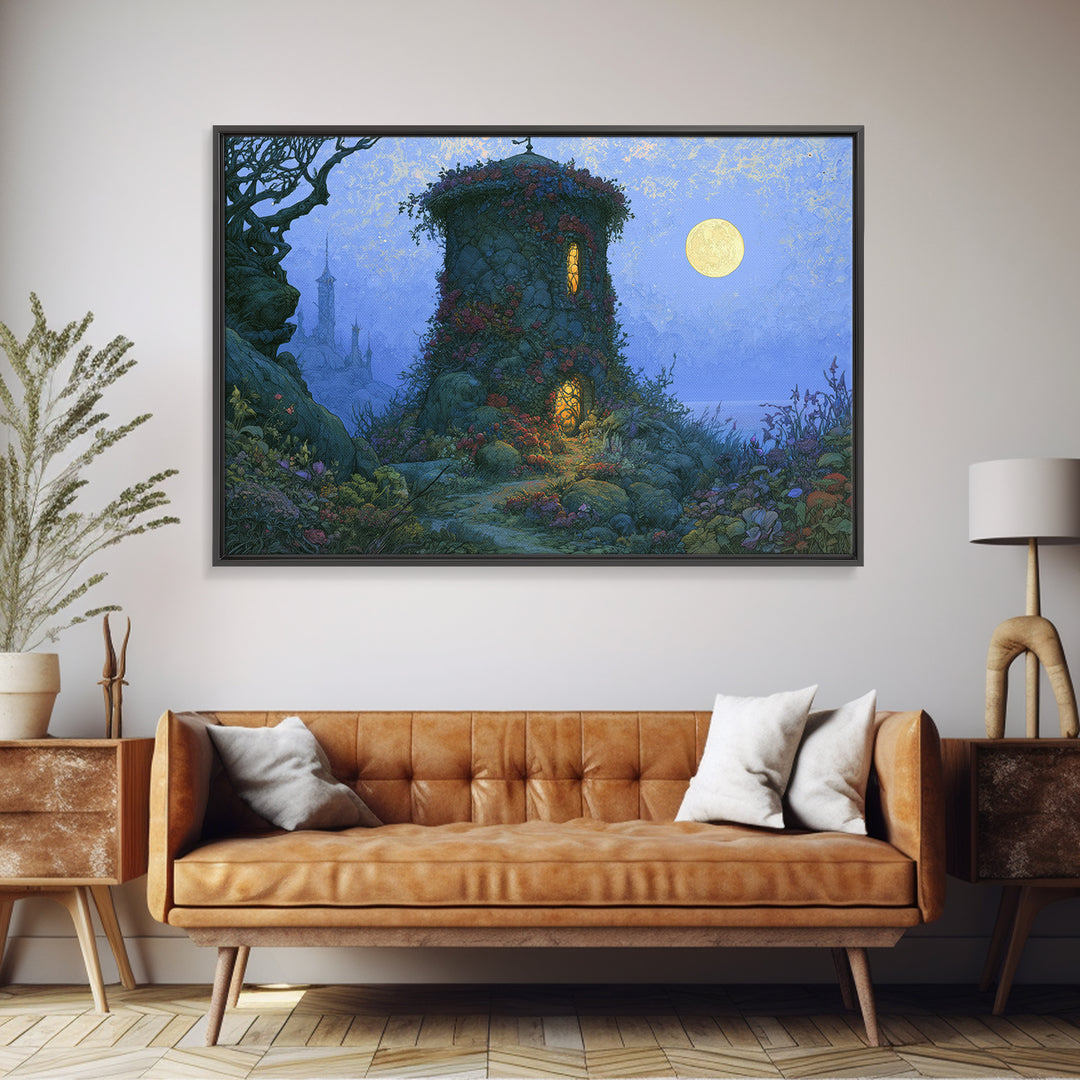 Rose Covered Tower Canvas Print, Fairy Tale Art, Boho Wall Art, Living Room Decor, Oil Painting, Storybook, Mixed Media Art, FTA-3x2-22