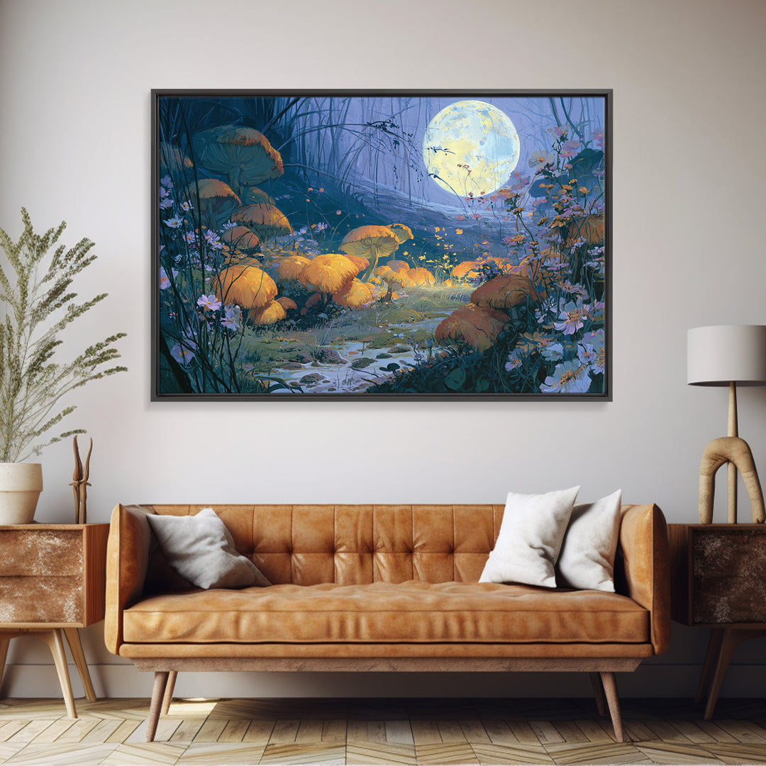 Fairy Ring of Mushrooms and Wildflowers Framed Canvas Print, Fairy Tale Art, Kids Room Decor, Living Room Decor, Storybook, FTA-3x2-25