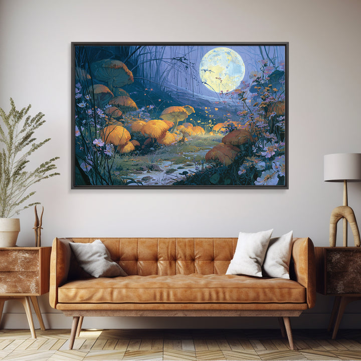 Fairy Ring of Mushrooms and Wildflowers Framed Canvas Print, Fairy Tale Art, Kids Room Decor, Living Room Decor, Storybook, FTA-3x2-25