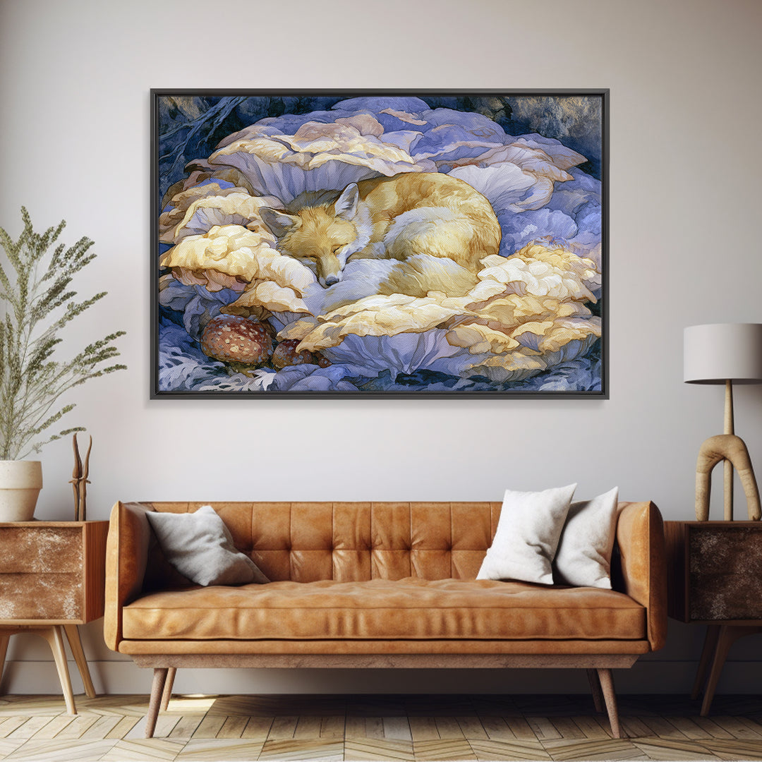 Sleeping Fox Beside a Magical Mushroom Ring Canvas Print, Fairy Tale Art, Statement Artwork, Living Room Decor, Storybook, FTA-3x2-31