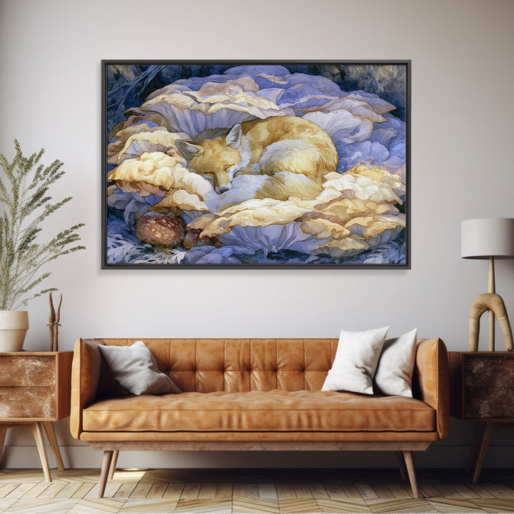 Sleeping Fox Beside a Magical Mushroom Ring Canvas Print, Fairy Tale Art, Statement Artwork, Living Room Decor, Storybook, FTA-3x2-31