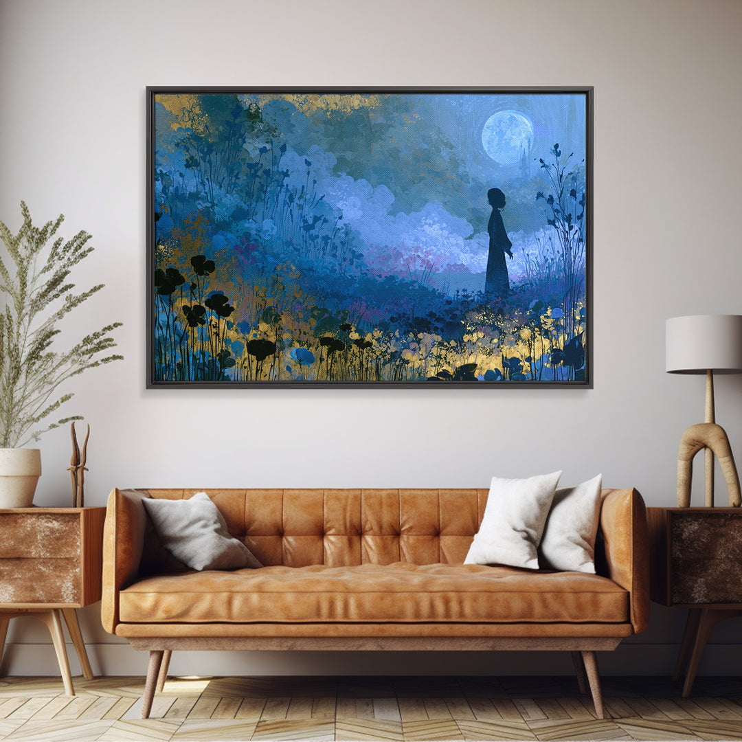 Princess Silhouette with Moonlit Garden Flowers Canvas Print, Fairy Tale Art, Mixed Media Art, Living Room Decor, Storybook, FTA-3x2-32