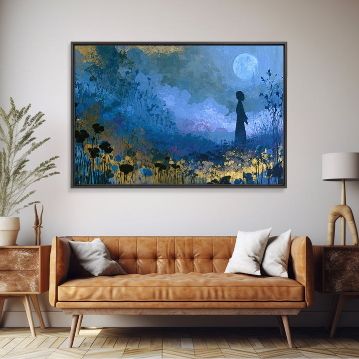 Princess Silhouette with Moonlit Garden Flowers Canvas Print, Fairy Tale Art, Mixed Media Art, Living Room Decor, Storybook, FTA-3x2-32