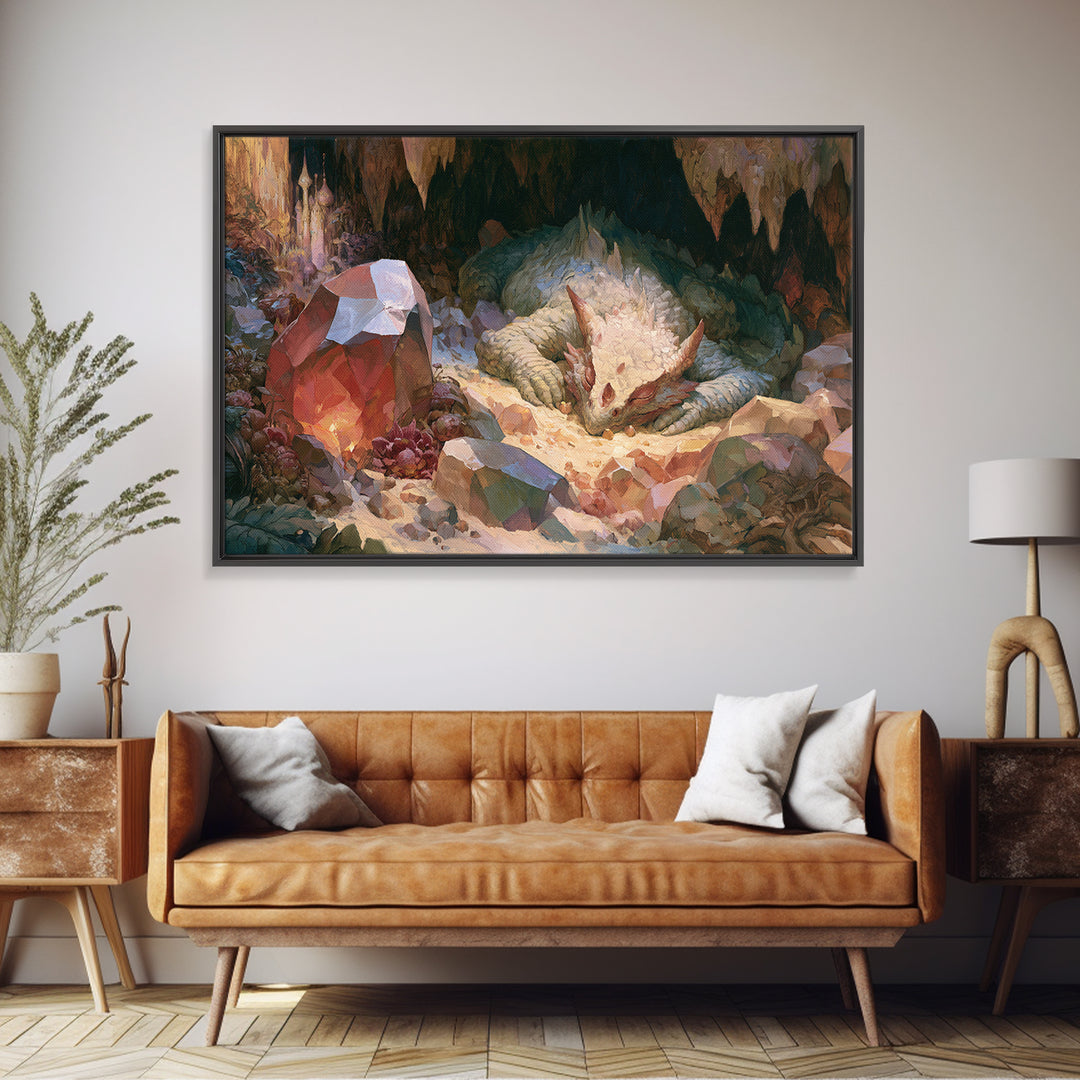 Sleeping Dragon in a Cave of Crystals Canvas Print, Fairy Tale Art, Boho Wall Art, Living Room Decor, Oil Painting, Storybook, FTA-3x2-4