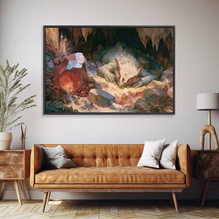 Sleeping Dragon in a Cave of Crystals Canvas Print, Fairy Tale Art, Boho Wall Art, Living Room Decor, Oil Painting, Storybook, FTA-3x2-4