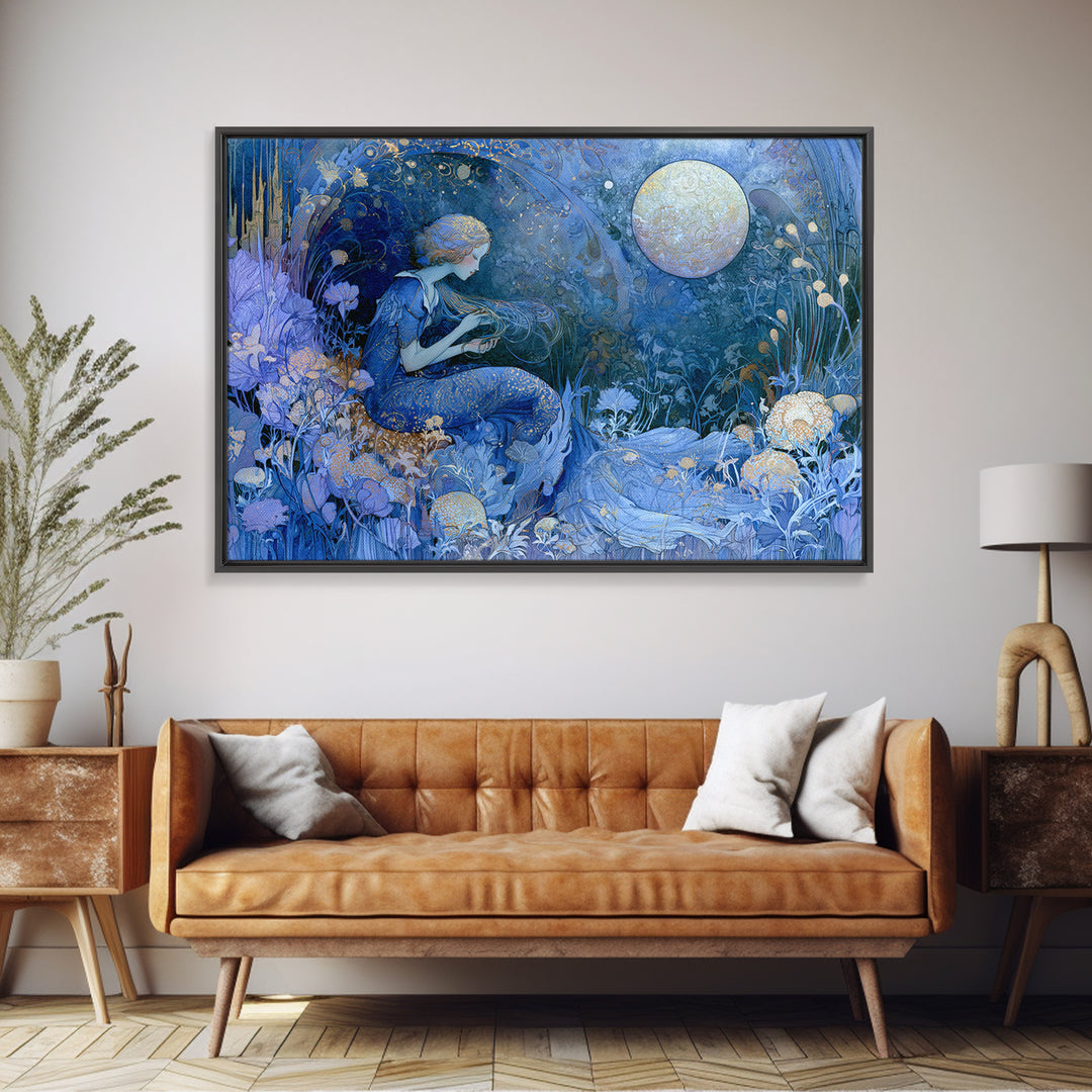 Mermaid Combing Hair Beneath a Pearl Moon Framed Canvas Print, Fairy Tale Art, Fantasy Art, Living Room Decor, Oil Painting, FTA-3x2-40