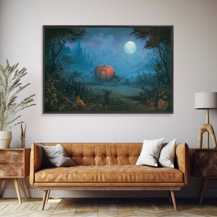 Pumpkin Carriage under Midnight Sky Canvas Print, Fairy Tale Art, Art Nouveau Print, Living Room Decor, Watercolor Art, FTA-3x2-44