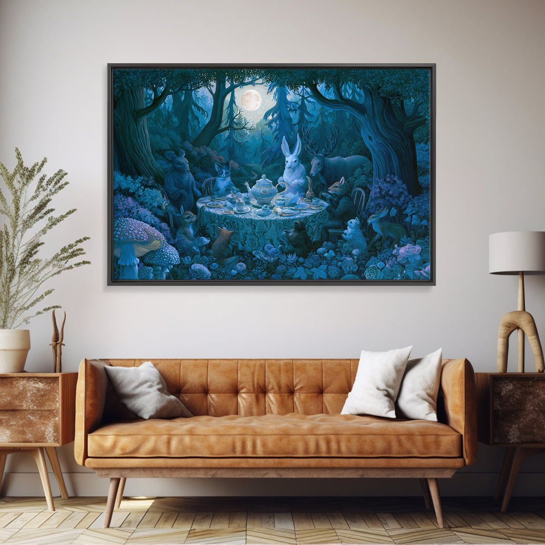 Woodland Tea Party Framed Canvas Print, Fairy Tale Art, Art Deco, Living Room Decor, Oil Painting, Storybook, Whimsical Art, FTA-3x2-47