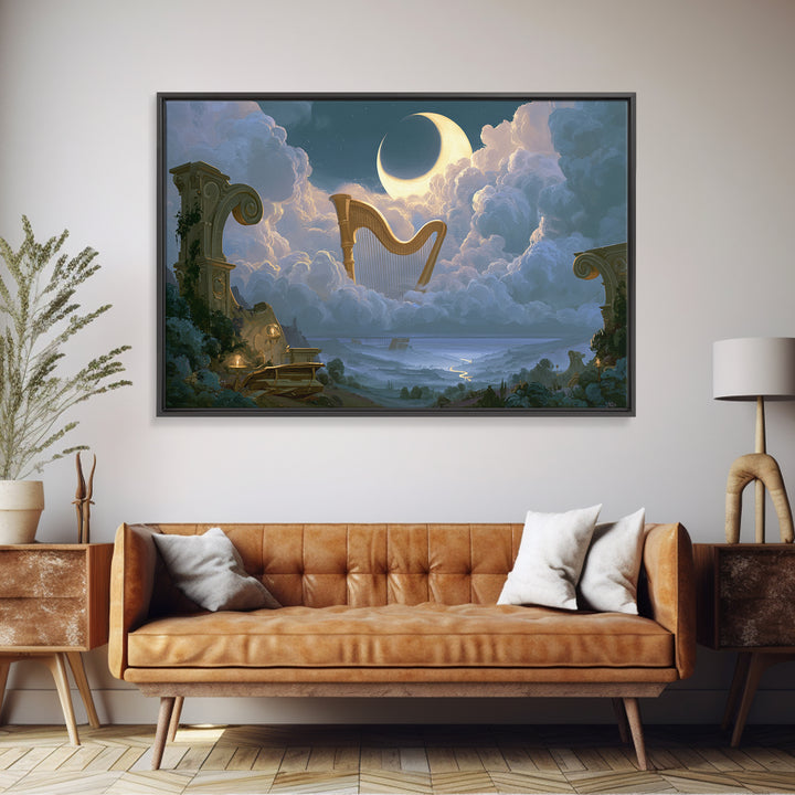 Golden Harp in a Cloud Kingdom Framed Canvas Print, Fairy Tale Art, Princess Wall Art, Living Room Decor, Oil Painting, FTA-3x2-50