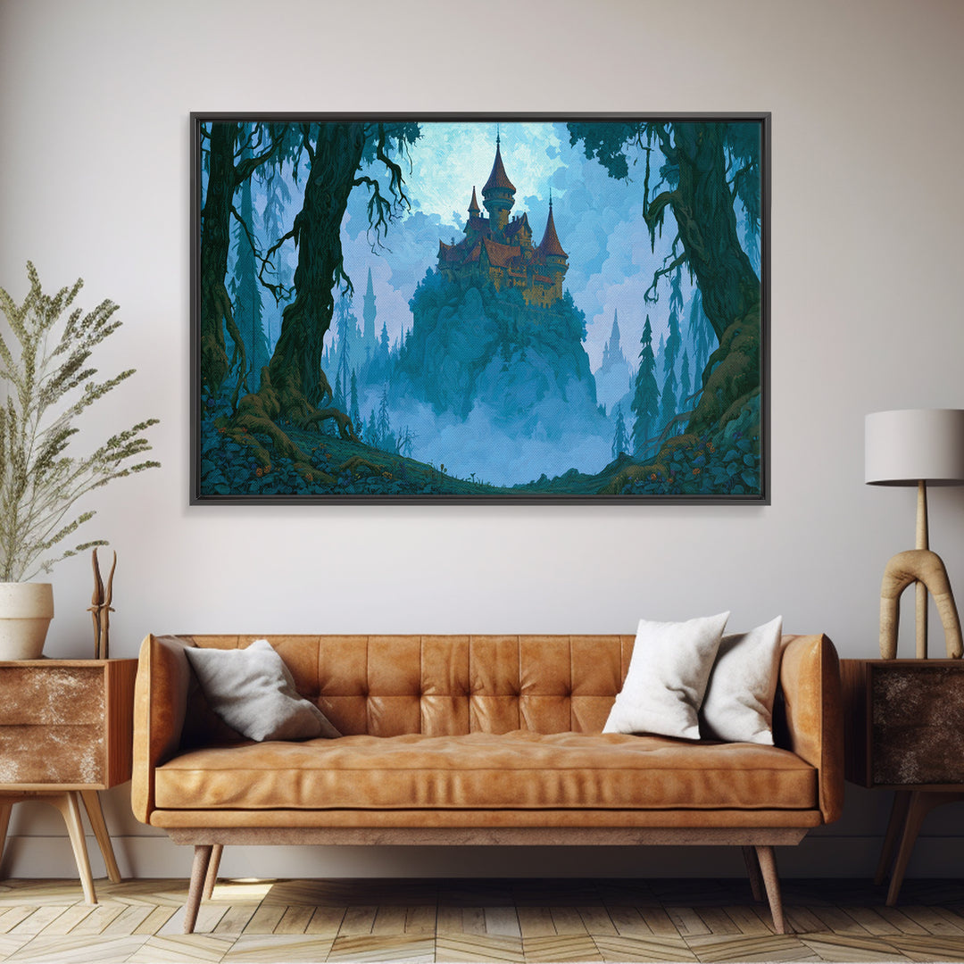 Storybook Castle on a Misty Hill Canvas Print, Fairy Tale Art, Dark Art, Living Room Decor, Storybook, Statement Artwork, FTA-3x2-54