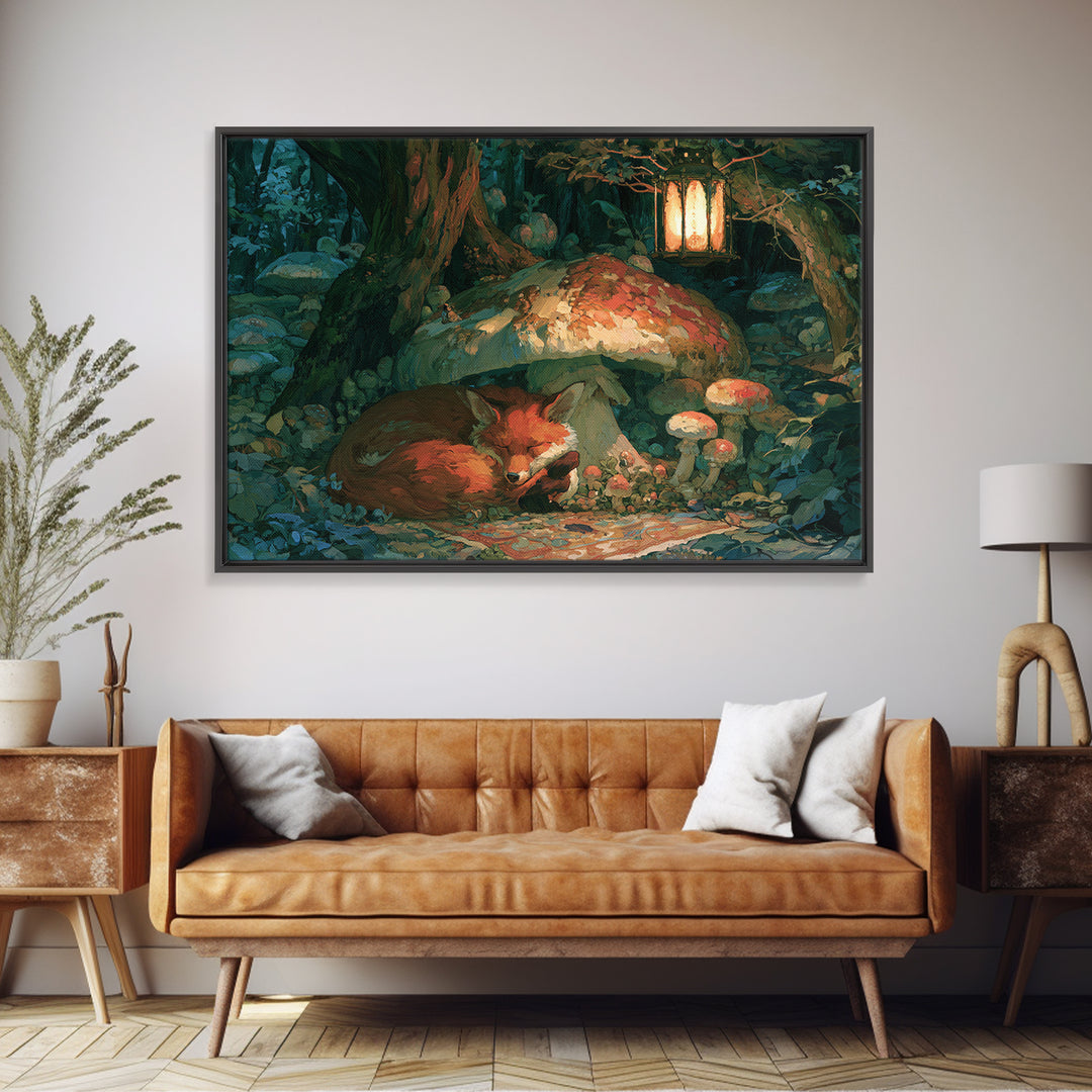 Sleeping Fox Beside a Magical Mushroom Ring Canvas Print, Fairy Tale Art, Boho Wall Art, Living Room Decor, Storybook, FTA-3x2-55