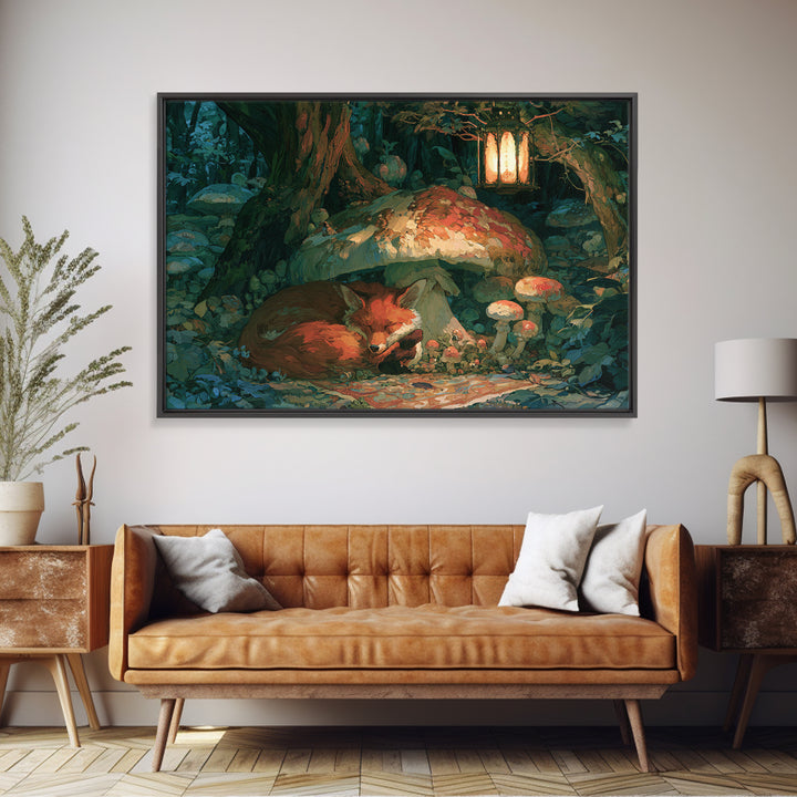 Sleeping Fox Beside a Magical Mushroom Ring Canvas Print, Fairy Tale Art, Boho Wall Art, Living Room Decor, Storybook, FTA-3x2-55
