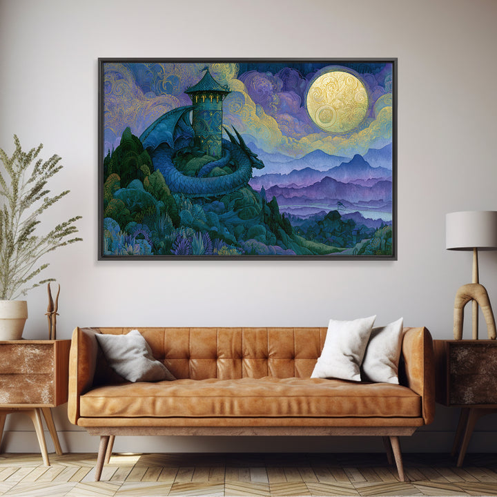 Dragon Curled Around a Jeweled Tower Canvas Print, Fairy Tale Art, Fairy Art, Living Room Decor, Fine Art, Storybook, FTA-3x2-57