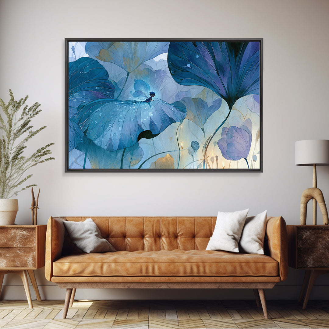 Tiny Fairy Resting on a Dew Covered Framed Canvas Print, Fairy Tale Art, Art Deco, Living Room Decor, Fine Art, Storybook, FTA-3x2-59
