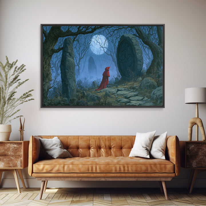 Red Cloak Figure Walking Through Dark Woods Canvas Print, Fairy Tale Art, Textured Painting, Living Room Decor, Storybook, FTA-3x2-60