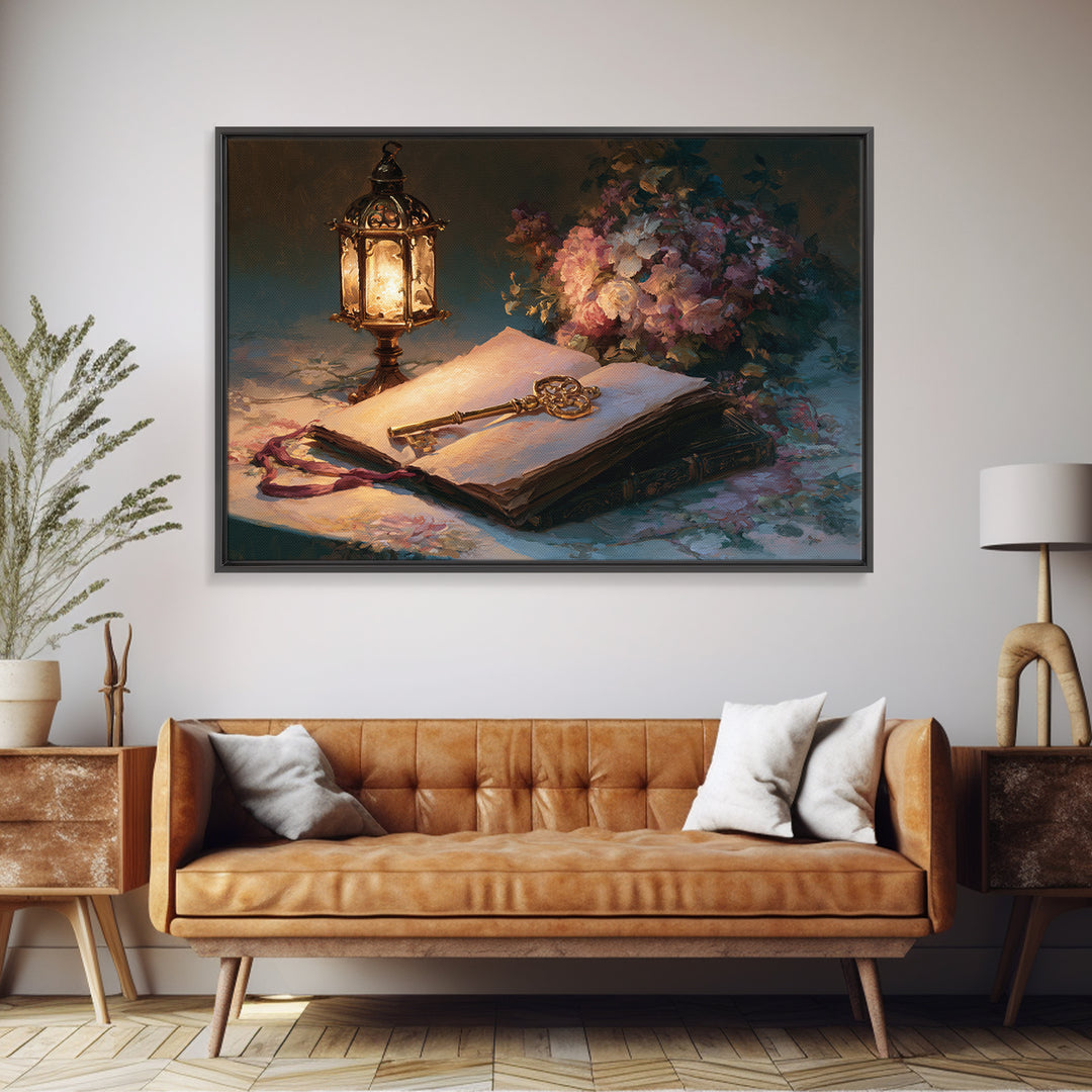 Golden Key and Enchanted Book Still Life Canvas Print, Fairy Tale Art, Fantasy Art, Living Room Decor, Oil Painting, Storybook, FTA-3x2-61