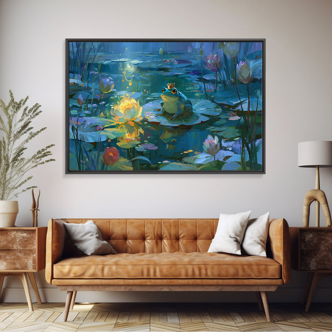 Frog Prince on a Lily Pad Framed Canvas Print, Fairy Tale Art, Dark Art, Living Room Decor, Storybook, Statement Artwork, FTA-3x2-63