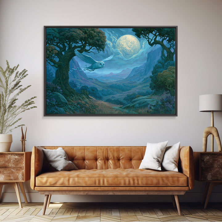 Owl Messenger Carrying a Tiny Ribbon Framed Canvas Print, Fairy Tale Art, Gallery Decor, Living Room Decor, Fine Art, Storybook, FTA-3x2-69