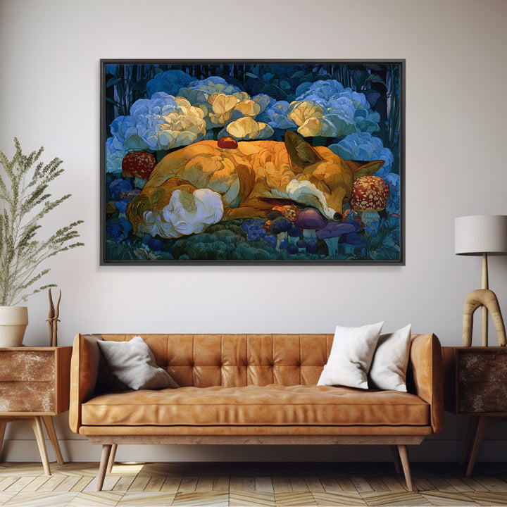 Sleeping Fox Beside a Magical Mushroom Ring Framed Canvas Print, Fairy Tale Art, Abstract Art, Living Room Decor, Storybook, FTA-3x2-7
