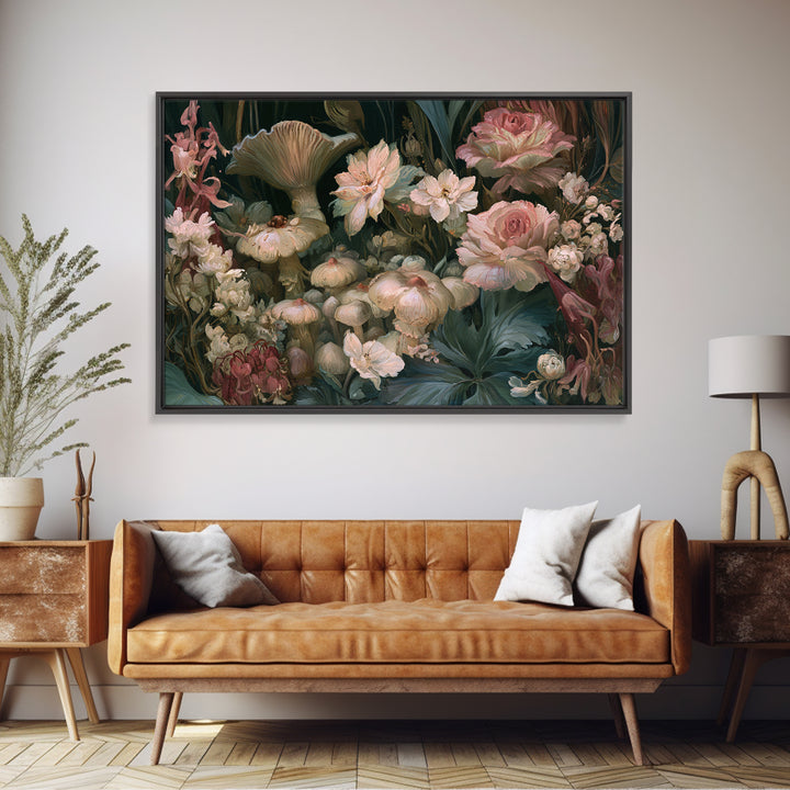 Fairy Ring of Mushrooms and Wildflowers Canvas Print, Fairy Tale Art, Neutral Decor, Living Room Decor, Oil Painting, Storybook, FTA-3x2-73