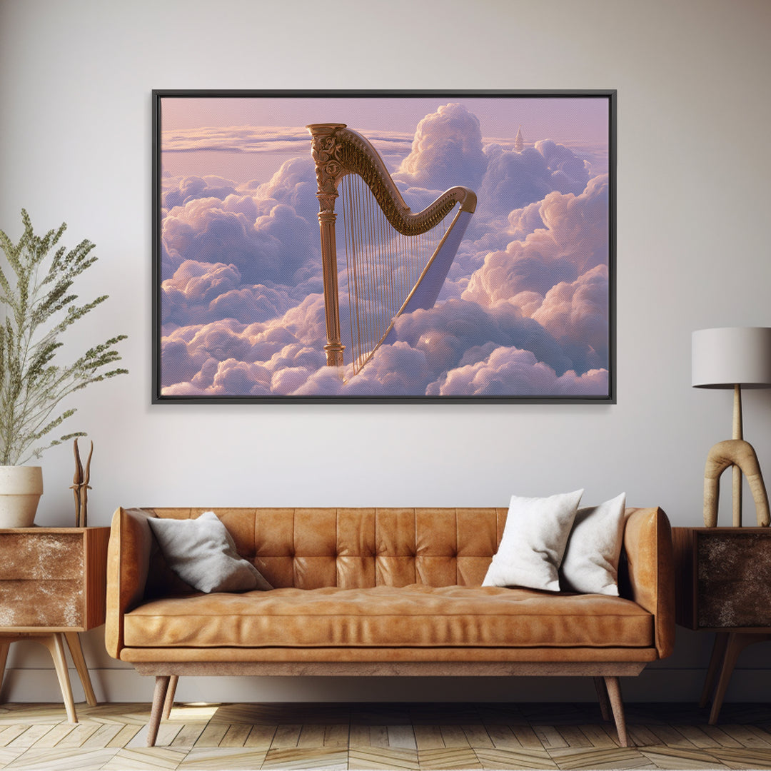 Golden Harp in a Cloud Kingdom Framed Canvas Print, Fairy Tale Art, Princess Wall Art, Living Room Decor, Oil Painting, FTA-3x2-74