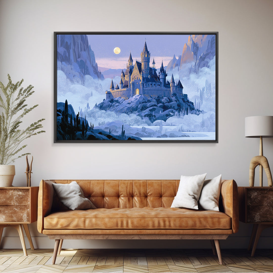 Storybook Castle on a Misty Hill Framed Canvas Print, Fairy Tale Art, Fairy Art, Living Room Decor, Fine Art, Storybook, FTA-3x2-78