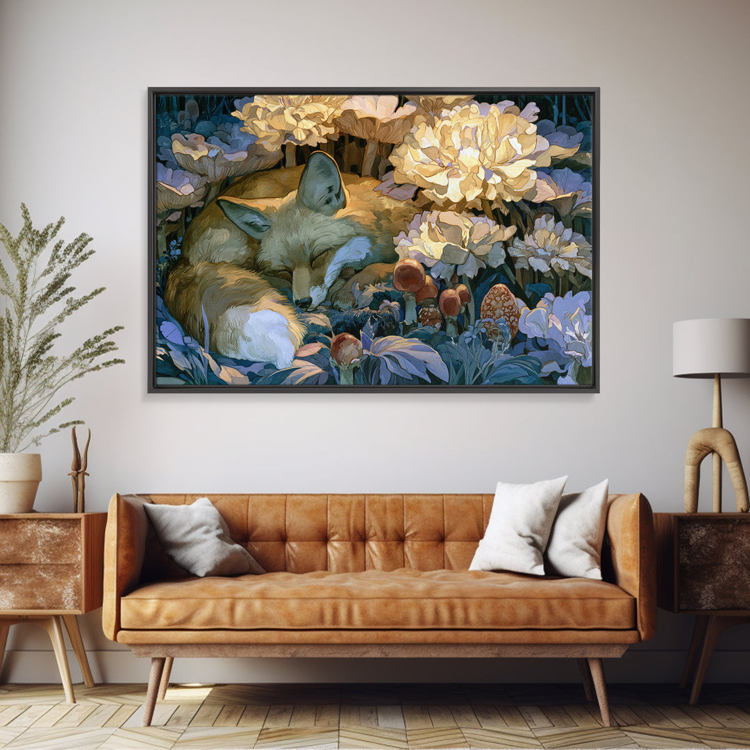Sleeping Fox Beside a Magical Mushroom Ring Canvas Print, Fairy Tale Art, Luxury Decor, Living Room Decor, Storybook, FTA-3x2-79