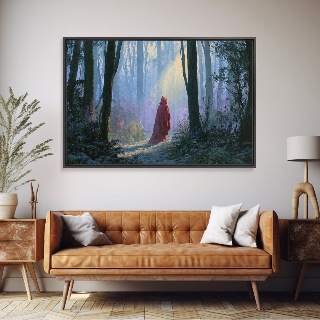Red Cloak Figure Walking Through Dark Woods Canvas Print, Fairy Tale Art, Wall Decor, Living Room Decor, Fine Art, Storybook, FTA-3x2-84
