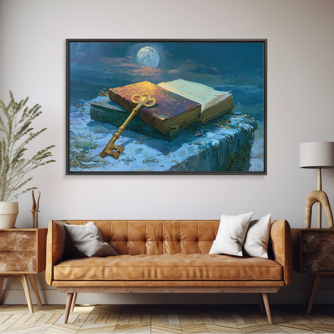 Golden Key and Enchanted Book Still Life Framed Canvas Print, Fairy Tale Art, Statement Artwork, Living Room Decor, Storybook, FTA-3x2-85