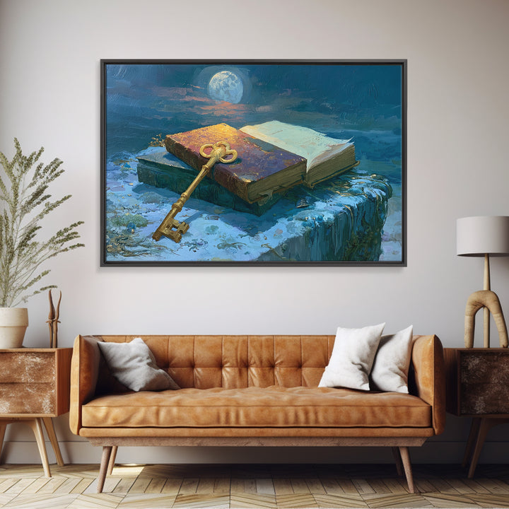 Golden Key and Enchanted Book Still Life Framed Canvas Print, Fairy Tale Art, Statement Artwork, Living Room Decor, Storybook, FTA-3x2-85