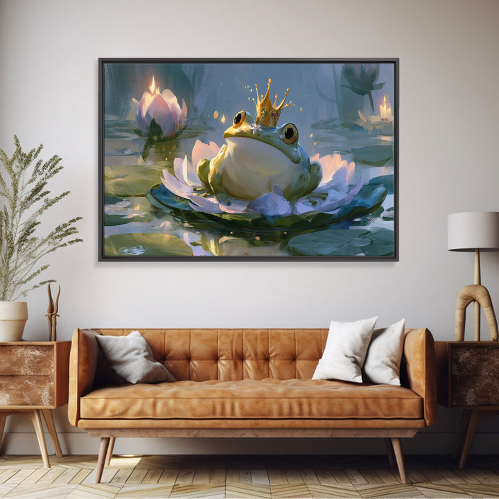 Frog Prince on a Lily Pad Framed Canvas Print, Fairy Tale Art, Wall Decor, Living Room Decor, Storybook, Boho Wall Art, FTA-3x2-87