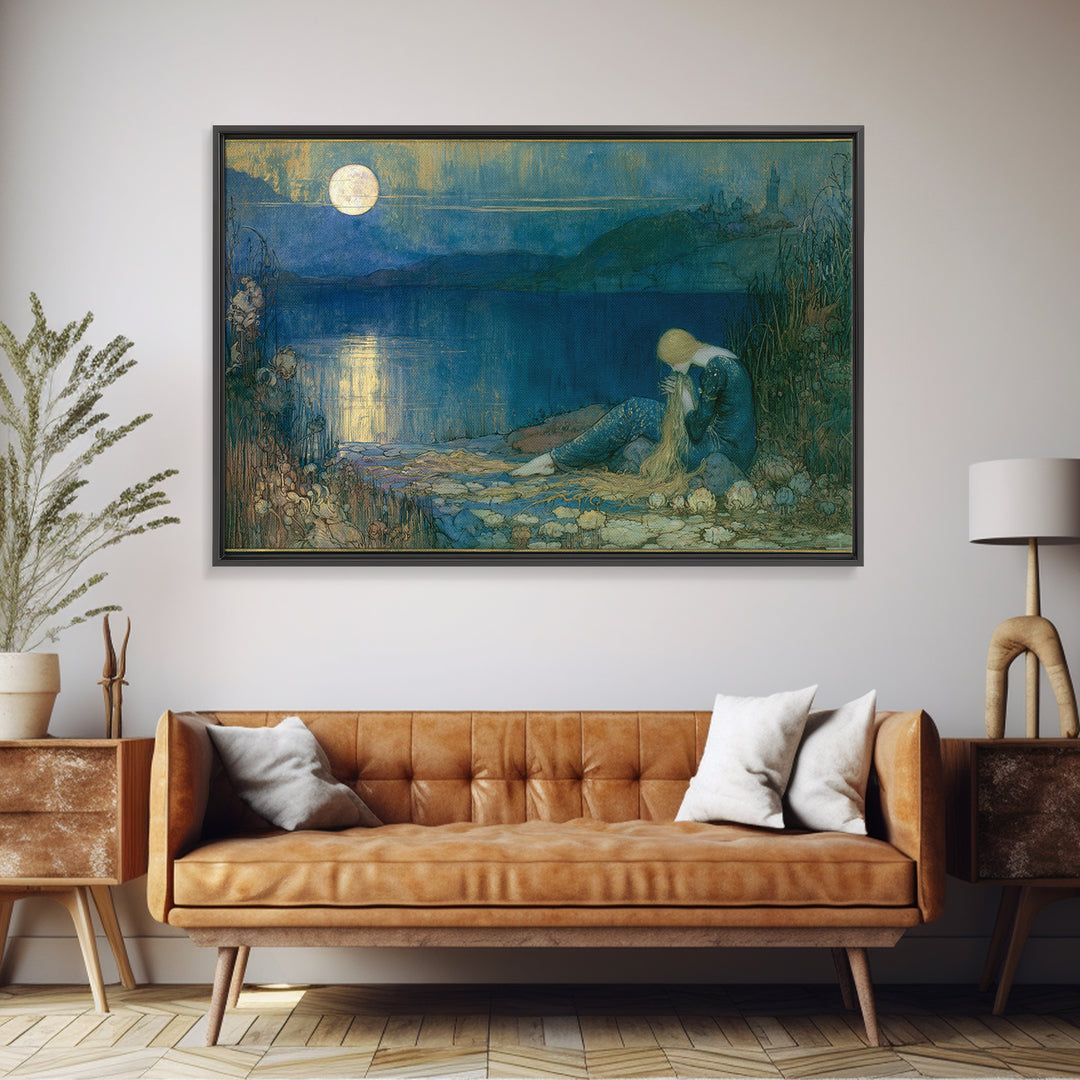 Mermaid Combing Hair Beneath a Pearl Moon Canvas Print, Fairy Tale Art, Painting, Living Room Decor, Fine Art, Storybook, FTA-3x2-88