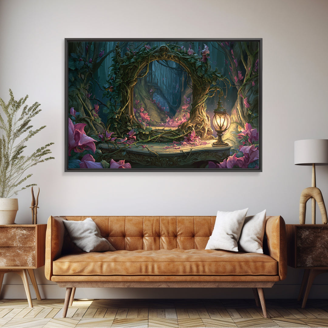 Magic Mirror Framed by Vines and Thorns Canvas Print, Fairy Tale Art, Boho Decor, Living Room Decor, Oil Painting, Storybook, FTA-3x2-89