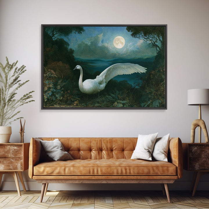 White Swan Transformation Scene Framed Canvas Print, Fairy Tale Art, Boho Wall Art, Living Room Decor, Oil Painting, Storybook, FTA-3x2-91